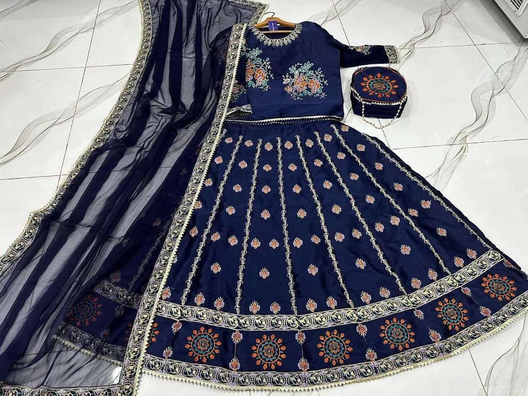 Exquisite 4 Pcs Silk Embroidered Lehenga