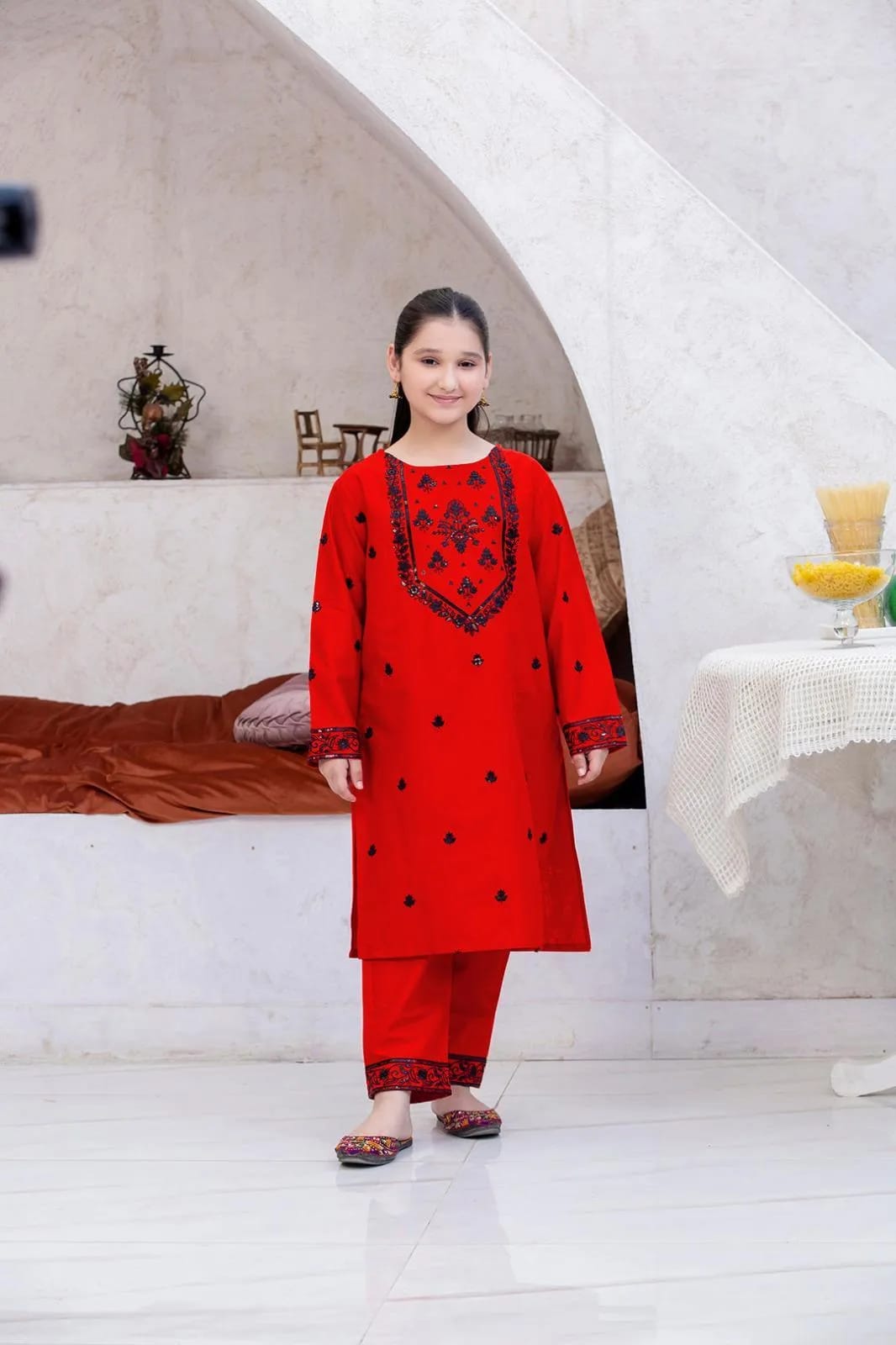 Girl's Linen Embroidered Kurta And Shalwar Suit