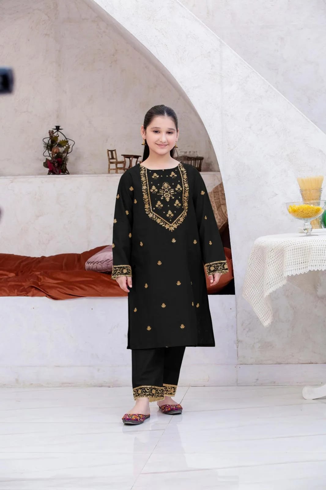 Girl's Linen Embroidered Kurta And Shalwar Suit