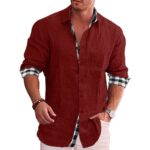 2023 new cross border men's lapel printed contrast long sleeve shirt