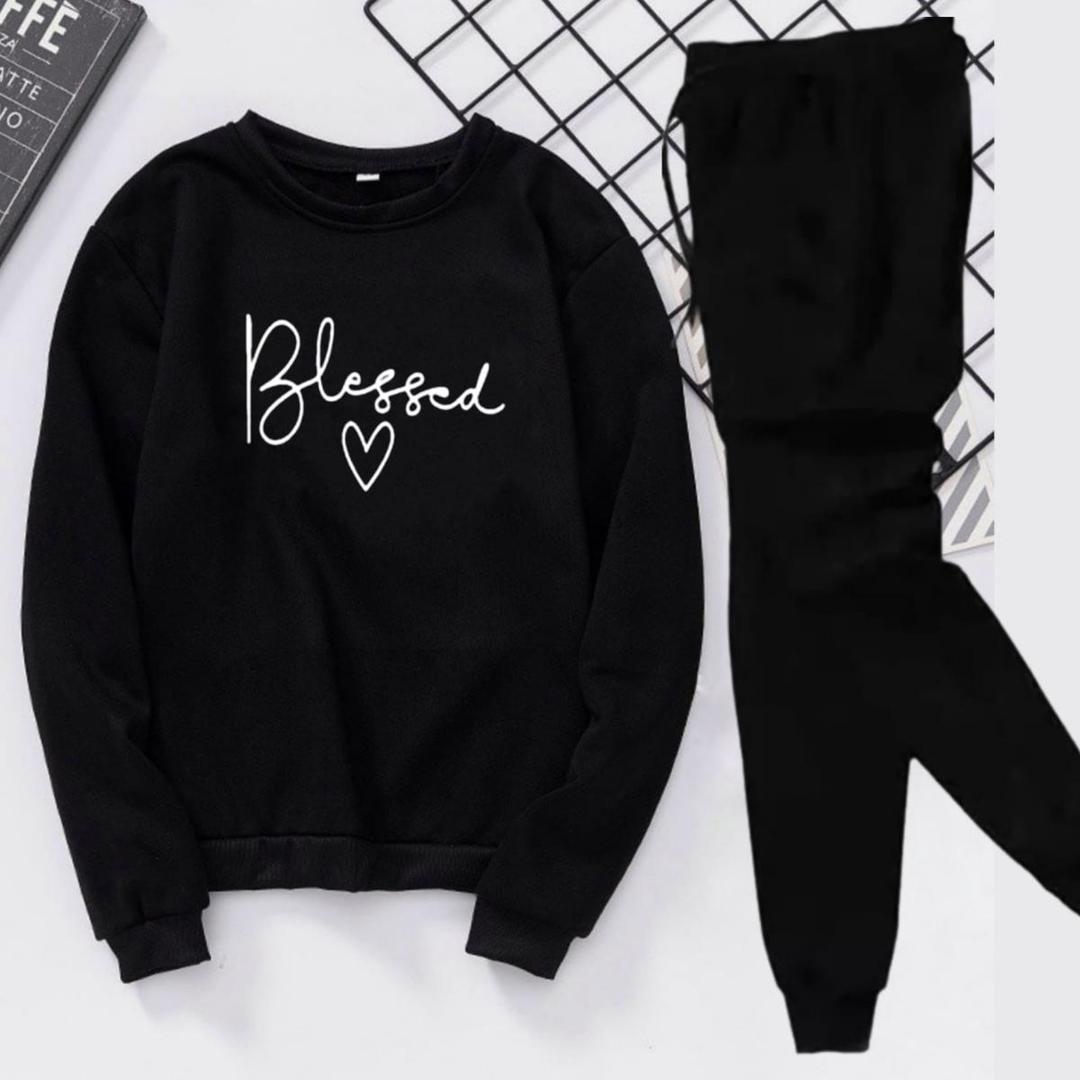 Stitched Fleece Printed Sweatshirt Tracksuit