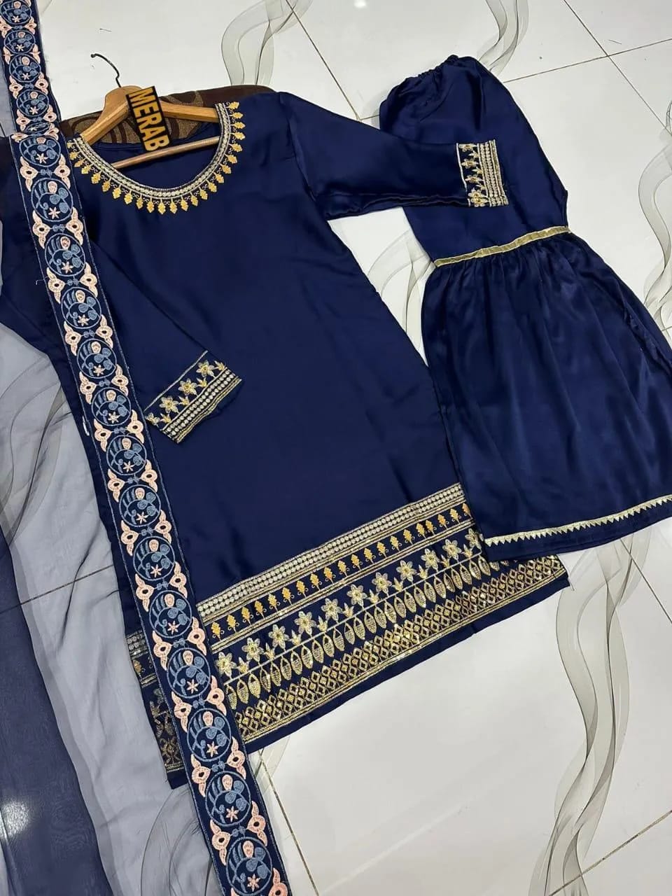 shamoz silk embroidered gharara shirt