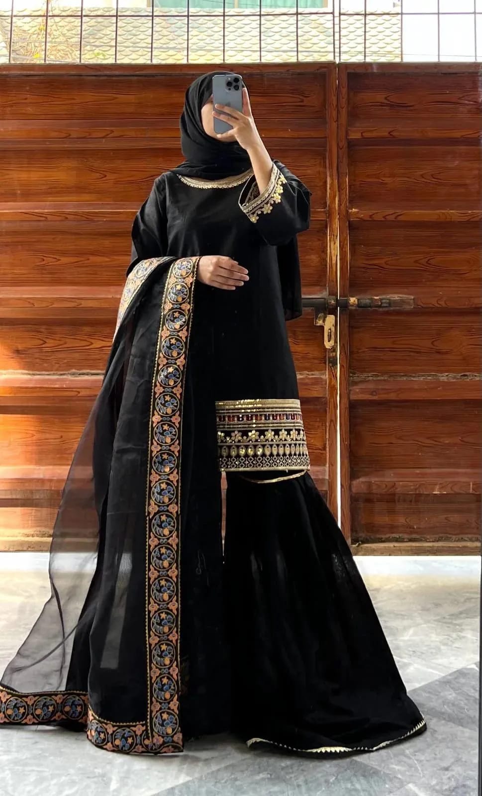 shamoz silk embroidered gharara shirt